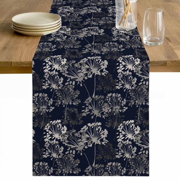 Vintage Flowers Table Runner - 48 Inch Long Dark Blue Dandelion Plants Pastoral Botanical Cotton and Linen Blended Dress Scarves Farmhouse Table Runner for Kitchen Dining, Coffee Table, 13" x 48"