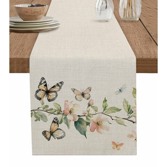 Vintage Flowers Table Runner 72 Inches, Farmhouse Watercolor Butterfly Floral Bed Runner Dresser Scarves Tabletop for Indoor Outdoor Parties/Ceremony/Banquet, 13" x 72"