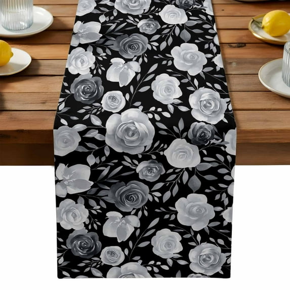 Vintage Flowers Table Runner, Black White Flowers Leaf Decoration Kitchen Table Runners Dress Scarves for Table Decorations Party/Restaurant/Indoor Outdoor Use, 13x36in