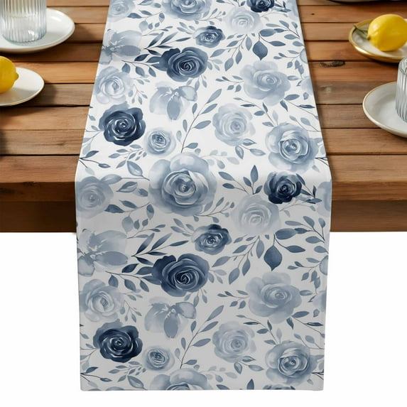 Vintage Flowers Table Runner, Light Blue Flowers Leaf Decoration Kitchen Table Runners Dress Scarves for Table Decorations Party/Restaurant/Indoor Outdoor Use, 13x108in