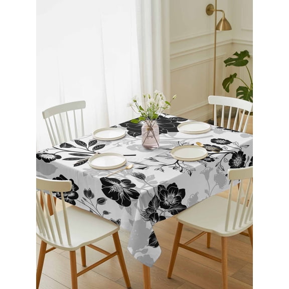 Vintage Flowers Tablecloth Rectangle Table Cloth 52x70, Waterproof Tablecloth Outdoor Table Cloth, Black White Farmhouse Floral Plants Washable Table Cover for Kitchen Dinning Party