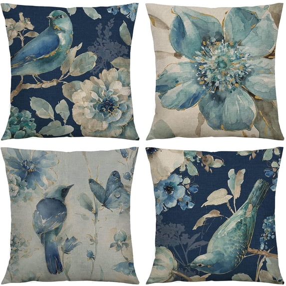 Vintage Flowers Throw Pillow Covers Set of 4,Oil Painting Floral Birds Butterfly Linen Square Pillow Cushion Cases, Home Decoration for Outdoor Sofa Bedroom,Blue 18"x 18"