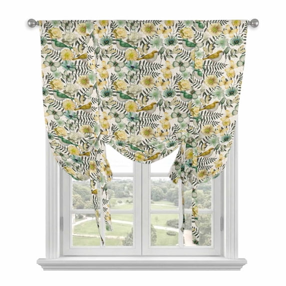 Vintage Flowers Tie Up Curtains for Windows, Balloon Window Shades, Spring Yellow Green Floral Country Leaves Birds Kitchen Window Treatments Roll Up Curtain for Basement/Nursery 52"x45"