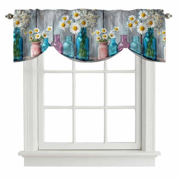 Vintage Flowers Tie Up Valance Curtains White Daisy Plant Wood Grain Adjustable Light Filtering Tie Up Valance Small Window Shade for Kitchen Bedroom Cafe 42" W x 12" L