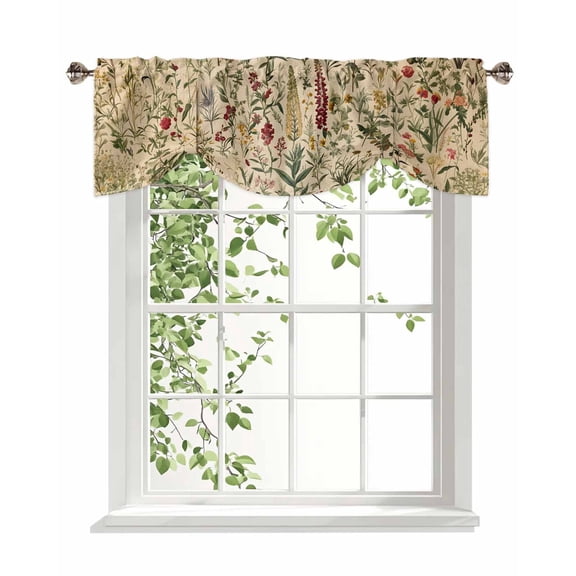 Vintage Flowers Tie Up Valances Curtain, Adjustable Kitchen Pastoral Red Flower Leaf Retro Linen Valances for Windows Decor, Rod Pocket Short Curtains Set for Bedroom/Bathroom, 42"x12"