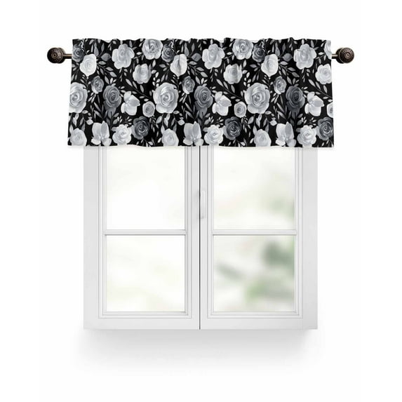 Vintage Flowers Valances for Windows Black White Flowers Leaf Decoration Valance Rod Pocket Light Filtering Short Window Treatments Curtains for Kitchen Bathroom Living Room Bedroom, 42 x 12 Inch