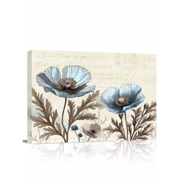 Vintage Flowers Wall Art for Living Room,Canvas Picture Wall Decor for Bathroom Bedroom,Teal Blue Floral Brown Butterfly Leaf Painting Artwork for Office Kitchen Hallway Dining Room Decor 12"x16"