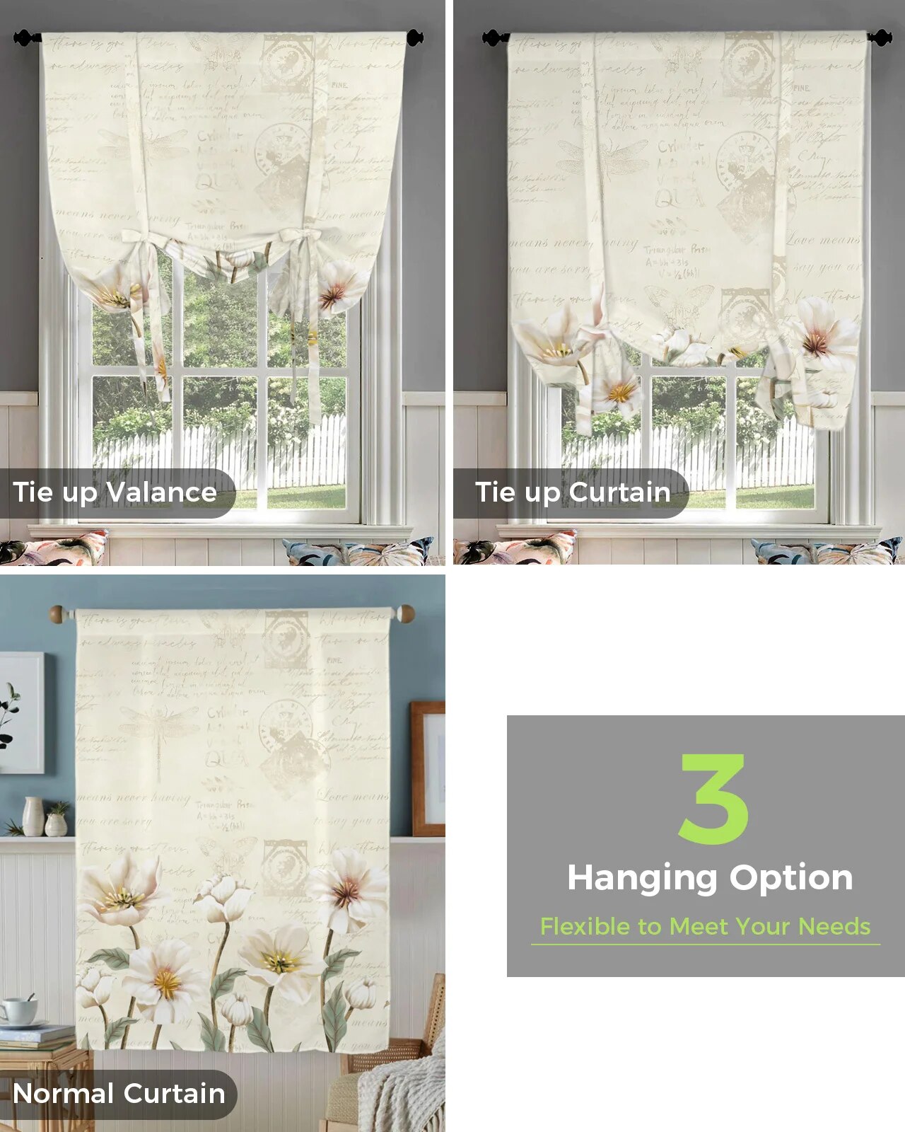 Vintage Flowers Window Curtain for Living Room Kitchen Tie-up Roman
