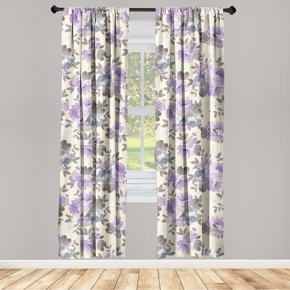 Vintage Flowers Window Curtains, Watercolor Nostalgic Flowers with Leaves Pattern on Cream Boho Back, Lightweight Decor 2-Panel Set with Rod Pocket, Pair of - 28"x63", Lavender Champagne, by Ambesonne