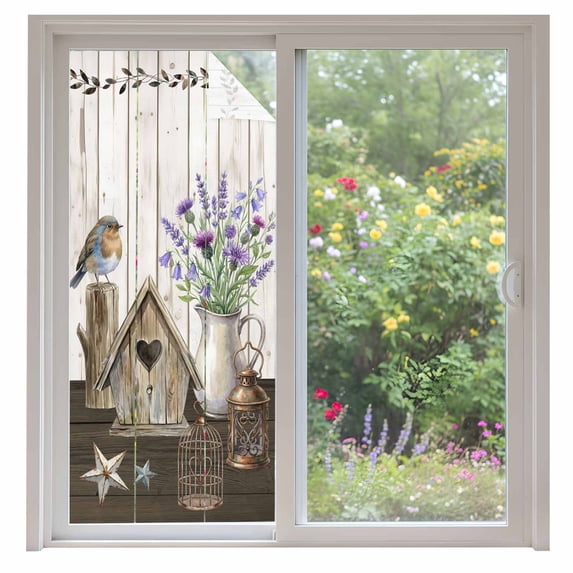 Vintage Flowers Window Privacy Film, Wooden Birds Retro Art Farmhouse Static Cling UV Sun Blocking Heat Control Window Tint Day and Night, Non-Adhesive One Way Windows Privacy Cover 35.4''x78.7''