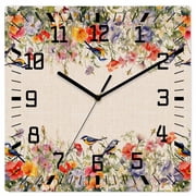 Vintage Flowers Wooden Wall Clock Silent Non Ticking, Spring Floral Botanical Rustic Pastoral Square Wall Clocks Battery Operated, Decor Clock for Home Office, Living Room, Kitchen, 12 Inch
