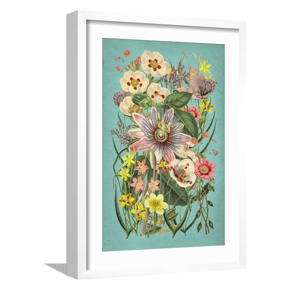 Art.com Vintage Flowers on Teal Art Print, White Frame Wall Art, 17" x 23"