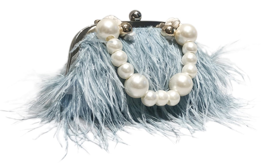 Vintage Fluffy Ostrich Feather Evening bags and Clutches for Women Pearl Chain Tote bags Bridal Purses Wedding Party Blue