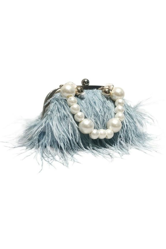 Vintage Fluffy Ostrich Feather Evening bags and Clutches for Women Pearl Chain Tote bags Bridal Purses Wedding Party Blue