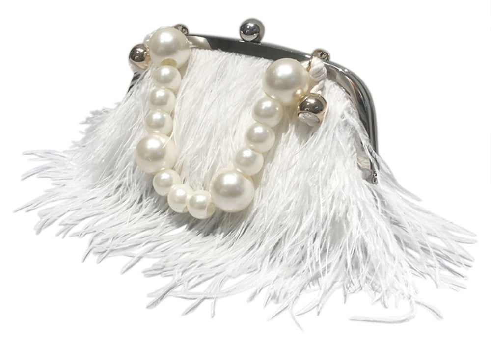 Vintage Fluffy Ostrich Feather Evening bags and Clutches for Women Pearl Chain Tote bags Bridal Purses Wedding Party White