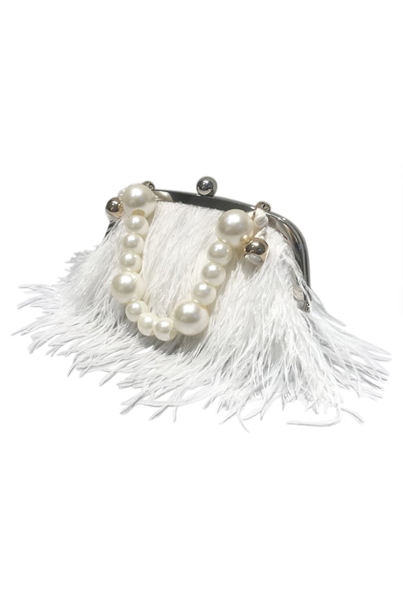 Vintage Fluffy Ostrich Feather Evening bags and Clutches for Women Pearl Chain Tote bags Bridal Purses Wedding Party White