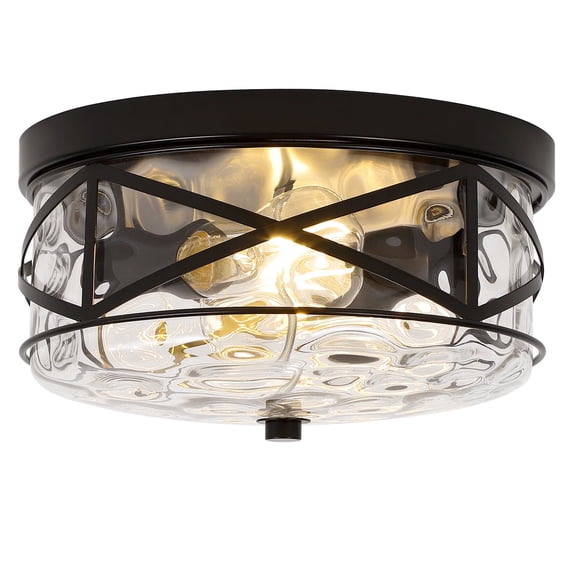 Modern Small Flush Mount Ceiling Light With Clear Hammered Glass Brushed Light Fixtures 2-Lights Farmhouse Ceiling Light Antique Ceiling Light for Kitchen Dining Room Hallway 9.84"D