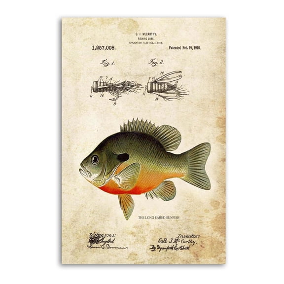 Vintage Fly Fishing Lure Patent Bluegill Painting On Canvas Wall Art Poster Scroll Picture Print Living Room Walls Decor Home Posters 12x18inch(30x45cm)