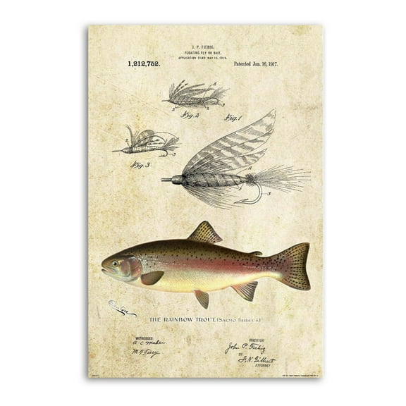 Vintage Fly Fishing Lure Patent Rainbow Trout Wall Art Poster Scroll Canvas Painting Picture Living Room Decor Home 12x18inch(30x45cm)