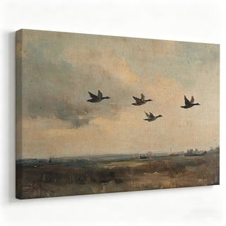Vintage Flying Ducks Canvas Wall Art Countryside Landscape Poster Antique Wildlife Oil Painting Living Room Cabin Lodge Decor Print Ready to Hang 12*16