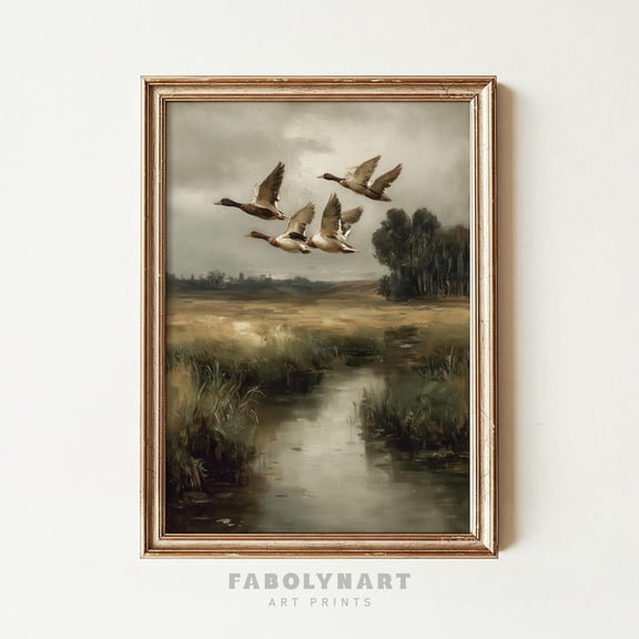 Vintage Flying Ducks Wall Art Moody Countryside Landscape Rustic Farmhouse Decor, Unframed Poster