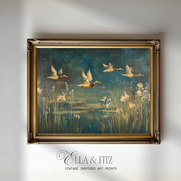 Vintage Flying Ducks Wall Art, Unframed Paper Poster 24x36in