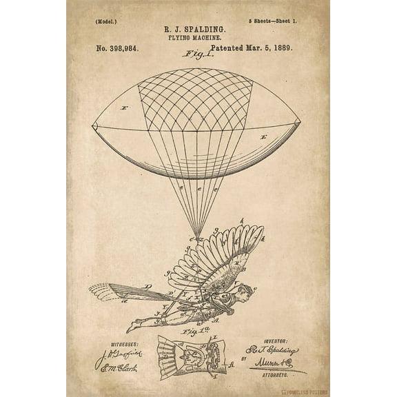 Vintage Flying Machine Patent Art Poster Print
