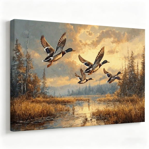Vintage Flying Mallard Ducks Canvas Wall Art Impressionist Wetlands Oil Painting Sunset Landscape Living Room Cabin Decor Print Ready to Hang 8*12