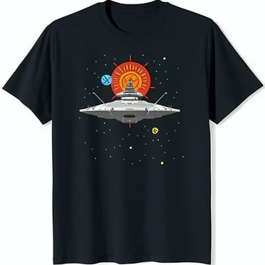 Vintage Flying Saucer Graphic Black T-Shirt Space Design with Stars