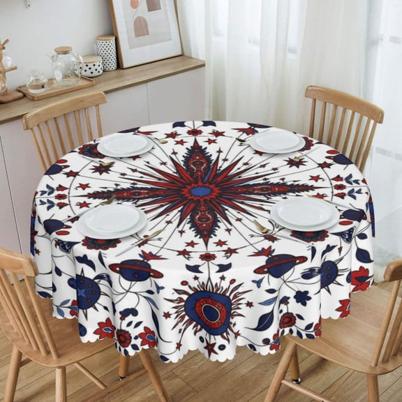 Vintage Folk Art Celestial Planet Star Mandala Round Tablecloth Waterproof Oil-Proof Plastic Table Cloth Stain-Resistant Wipeable 60" for Camping, Dining, Indoor and Outdoor