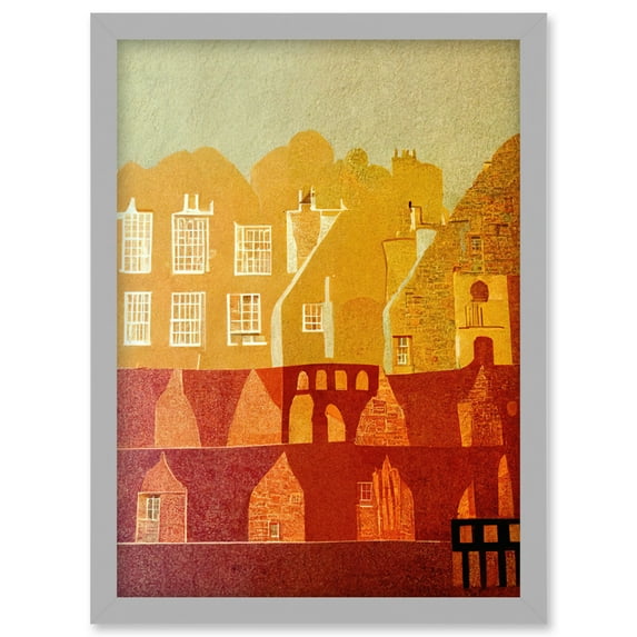 Vintage Folk Art Mid Century Cityscape Abstract Artwork Framed Wall Art Print A4