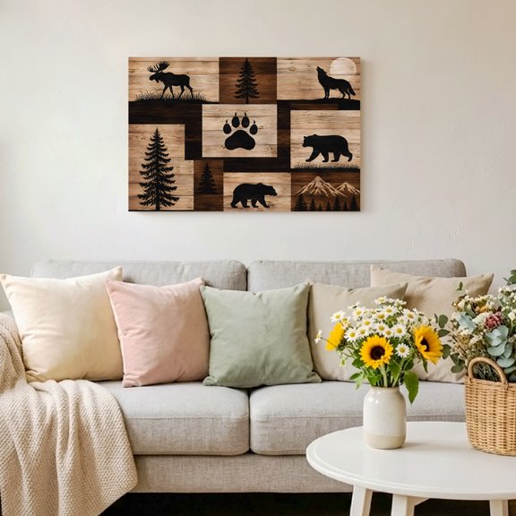 Vintage Folk Art Patchwork Framed Canvas Wall Art,Canvas Pictures Painting Prints Forest Brown Bear Elk Wall Artwork for Home Office Living Room Bedroom Decor,10"x8"