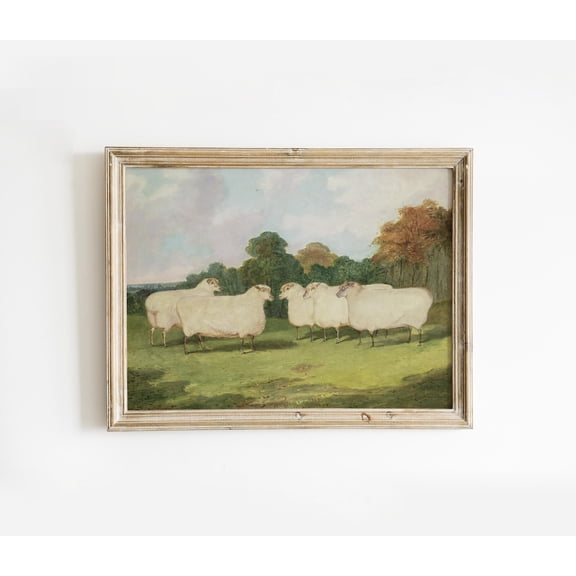 Vintage Folk Art Sheep Landscape Print: Cottage Core Decor Wall Art, Unframed Paper Poster 8x10in