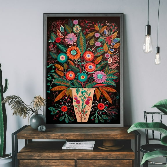 Vintage Folk Flower Art Print, Colourful Wall Art, Cottagecore Wall Art, Cozy Wall Art, Boho Floral Illustration Wall Art, Modern Wall Decor, 8x12 UNFRAMED