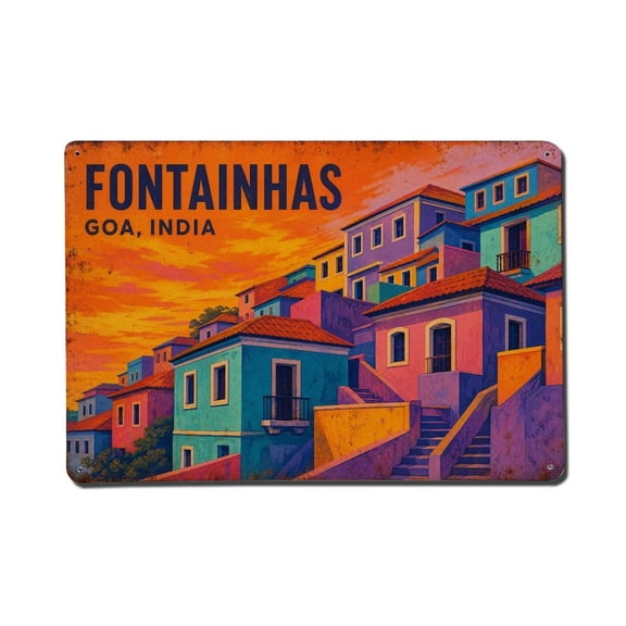 Vintage Fontainhas Hillside Colorful Houses Portugal Vintage Metal Tin Sign Plaque Wall Decor for Cafe, Club, Garden Metal Poster 8x12Inch