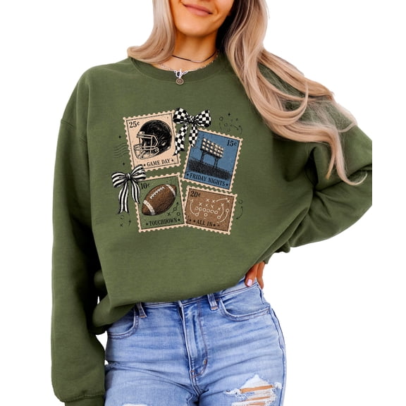 Vintage Football Sweatshirt for Women Coquette Bow Game Day Crewneck, Army Green Sweatshirt, M