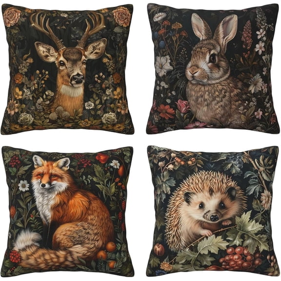 Vintage Forest Animals Pillows Cover Set of 4 Deer Fox Rabbit Hedgehog Decor Throw Pillow Covers Wildlife Pillowcase Cushion Case Pillow Decorative for Couch Sofa Home Office Outdoors 18x18 Inch