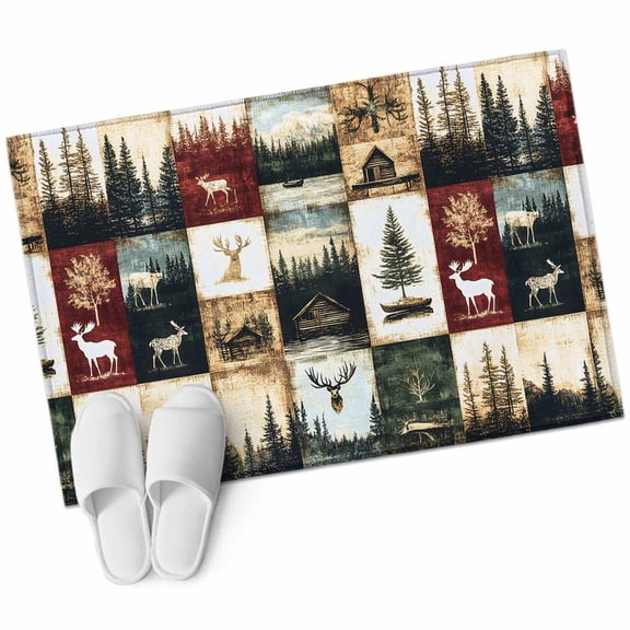 Vintage Forest Area Rug 2x3ft Deer Lake Building Distressed Patchwork Non-Slip Washable Square Rugs Soft Felt Indoor Floor Mat for Bedroom Kitchen Living Room Bathroom