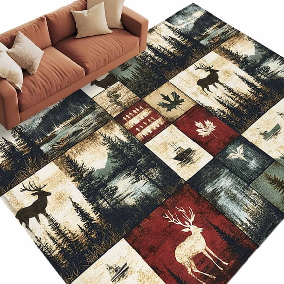 Vintage Forest Area Rug 5x8ft Deer Maple Leaf Lake Distressed Patchwork Non-Slip Washable Square Rugs Soft Felt Indoor Floor Mat for Bedroom Kitchen Living Room Bathroom