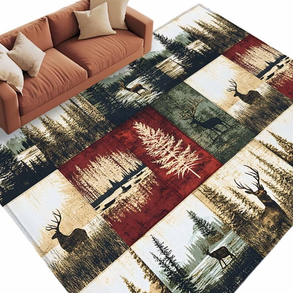 Vintage Forest Area Rug 8x10ft Deer Lake Scenery Distressed Patchwork Non-Slip Washable Square Rugs Soft Felt Indoor Floor Mat for Bedroom Kitchen Living Room Bathroom