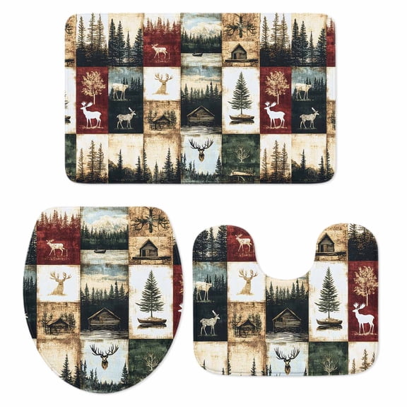 Vintage Forest Bathroom Rugs Set Deer Lake Building Distressed Patchwork Non Slip Absorbent Soft Bath Mats 3 Piece Set with Bathroom Rug, U-Shaped Floor Mat, Toilet Seat Cover Large Size