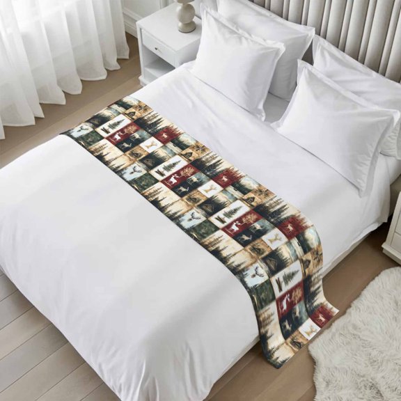 Vintage Forest Bed Runner Scarf, Deer Lake Building Distressed Patchwork Twin Bed Scarf Runner, No Fading Decorative Bedding Scarf for Bedroom Hotels Homes and Guestrooms