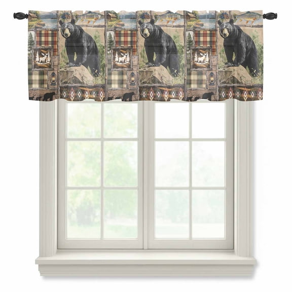 Vintage Forest Black Bear Semi Sheer Valance Curtains Checkered Wood Grain Voile Valances Curtain Rod Pocket Small Window Treatment for Kitchen Bathroom Cafe 42"x12"