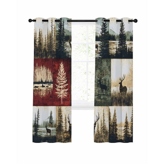 Vintage Forest Blackout Curtains 96 Inch Length Deer Lake Scenery Distressed Patchwork Thermal Insulated Window Curtain Window Drapes 2 Panels for Bedroom Living Room 52"Wx96"L