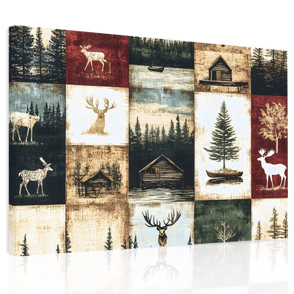 Vintage Forest Canvas Print Wall Art, Deer Lake Building Distressed Patchwork Wall Decor Modern Artwork Paintings Pictures for Living Room Framed and Stretched Ready to Hang, 12" x 16"