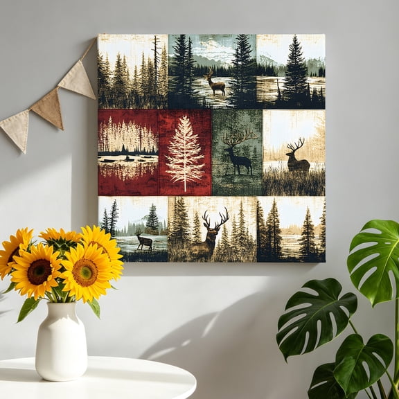 Vintage Forest Canvas Wall Art, Deer Lake Scenery Distressed Patchwork Pictures Wall Decor Wooden Framed Artwork Art Prints for Living Room Hallway Bedroom Office 16"x16"