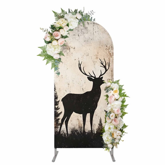 Vintage Forest Deer Arch Backdrop Cover, Spandex Fitted Wedding Arch Cover, Rustic Country Wildlife Woodland Round Top Stand Covers for Birthday Ceremony Bridal Shower Party Decor 4x1.65 Ft