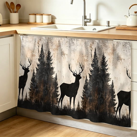 Vintage Forest Deer Cabinet Curtain 32"Wx55"L,Dustproof Pantry Door Curtain with Self Adhesive Tape,Rustic Country Wildlife Woodland Tall Storage Cover Privacy Drape for Bathroom Kitchen Laundry Room