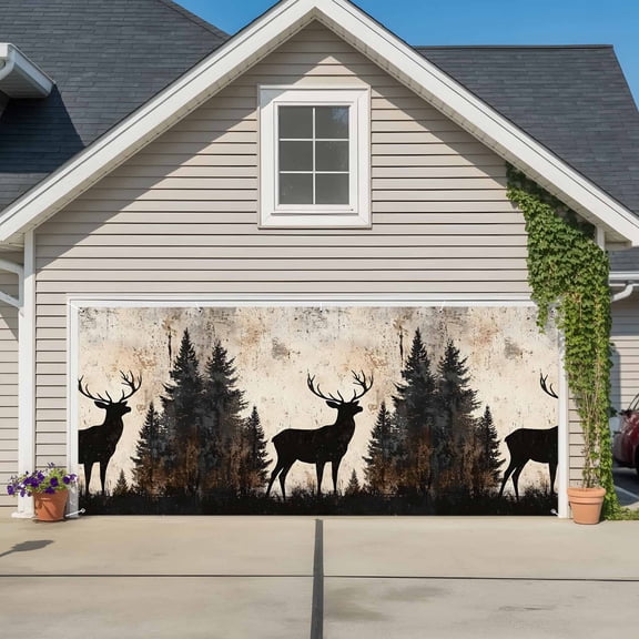 Vintage Forest Deer Garage Door Cover Banner 7 x 16 FT, Rustic Country Wildlife Woodland Garage Door Curtains Backdrop with Grommets for Indoor Outdoor Wall Party Porch Yard Decorations Background