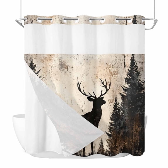 Vintage Forest Deer No Hook Shower Curtain Waterproof, Bathroom Curtains with Snap in Liners and See Through Top Window, Rustic Country Wildlife Woodland Hotel Style Bathtub Curtains Shower 66"Wx72"L